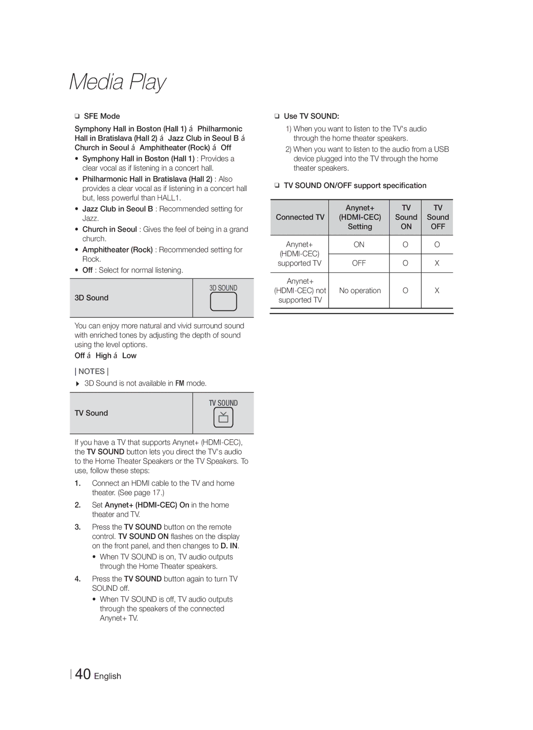 Samsung HT-F5500W, HTF5500WZA user manual SFE Mode, TV Sound, Sound Setting 