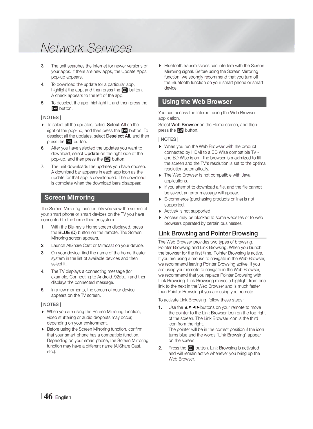 Samsung HT-F5500W, HTF5500WZA user manual Screen Mirroring, Using the Web Browser, Link Browsing and Pointer Browsing 