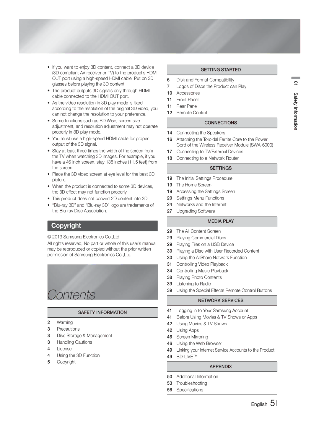 Samsung HTF5500WZA, HT-F5500W user manual Contents 