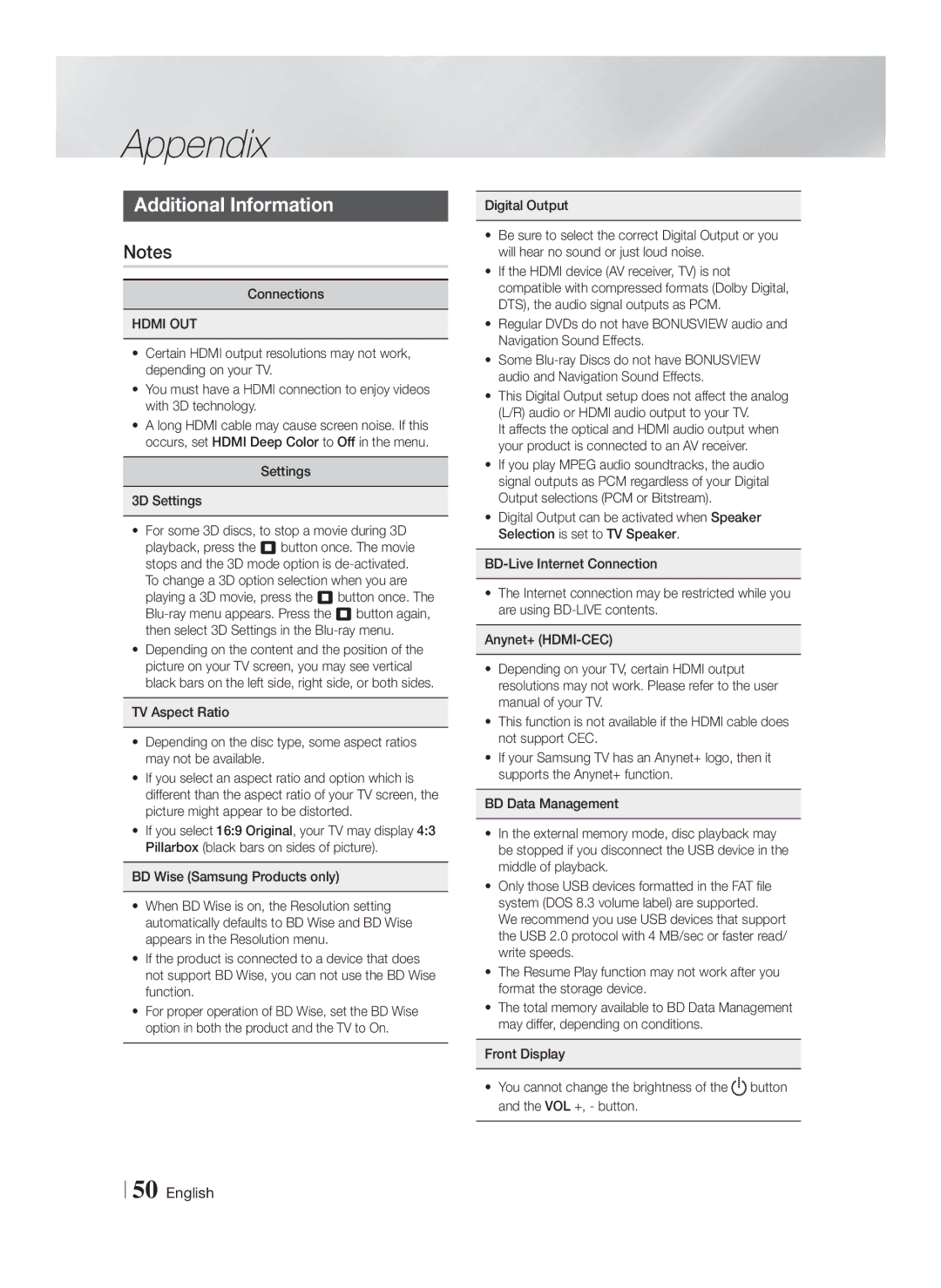 Samsung HT-F5500W, HTF5500WZA user manual Appendix, Additional Information, Hdmi OUT, Settings 3D Settings 