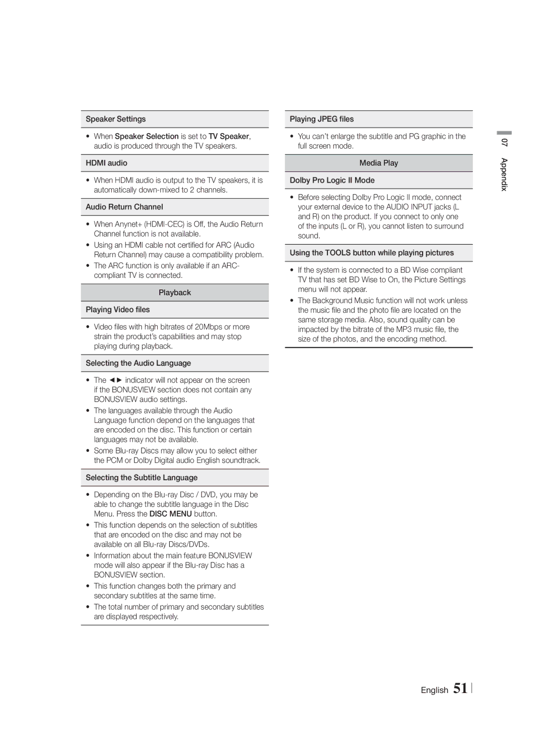 Samsung HTF5500WZA, HT-F5500W user manual Speaker Settings, Selecting the Subtitle Language, Appendix 