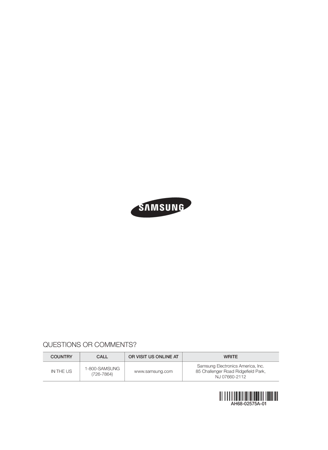 Samsung HT-F5500W, HTF5500WZA user manual Country Call, Write, AH68-02575A-01 