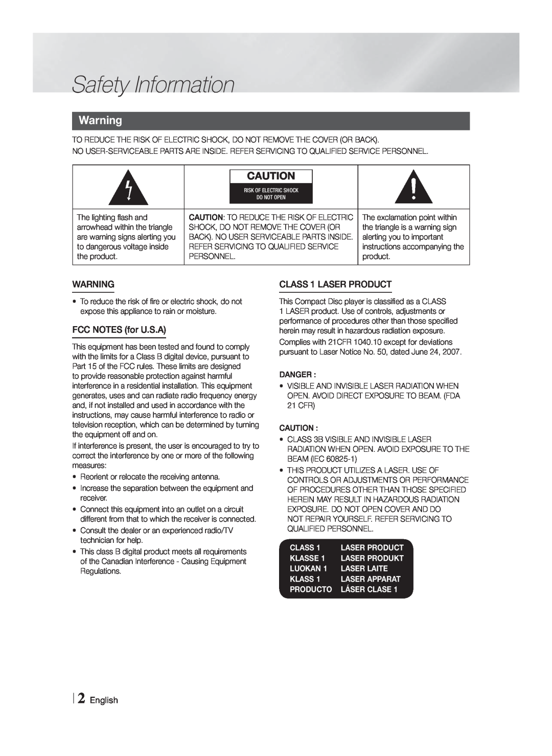 Samsung HT-F5500W Safety Information, FCC NOTES for U.S.A, CLASS 1 LASER PRODUCT, English, Class, Klasse, Luokan, Producto 