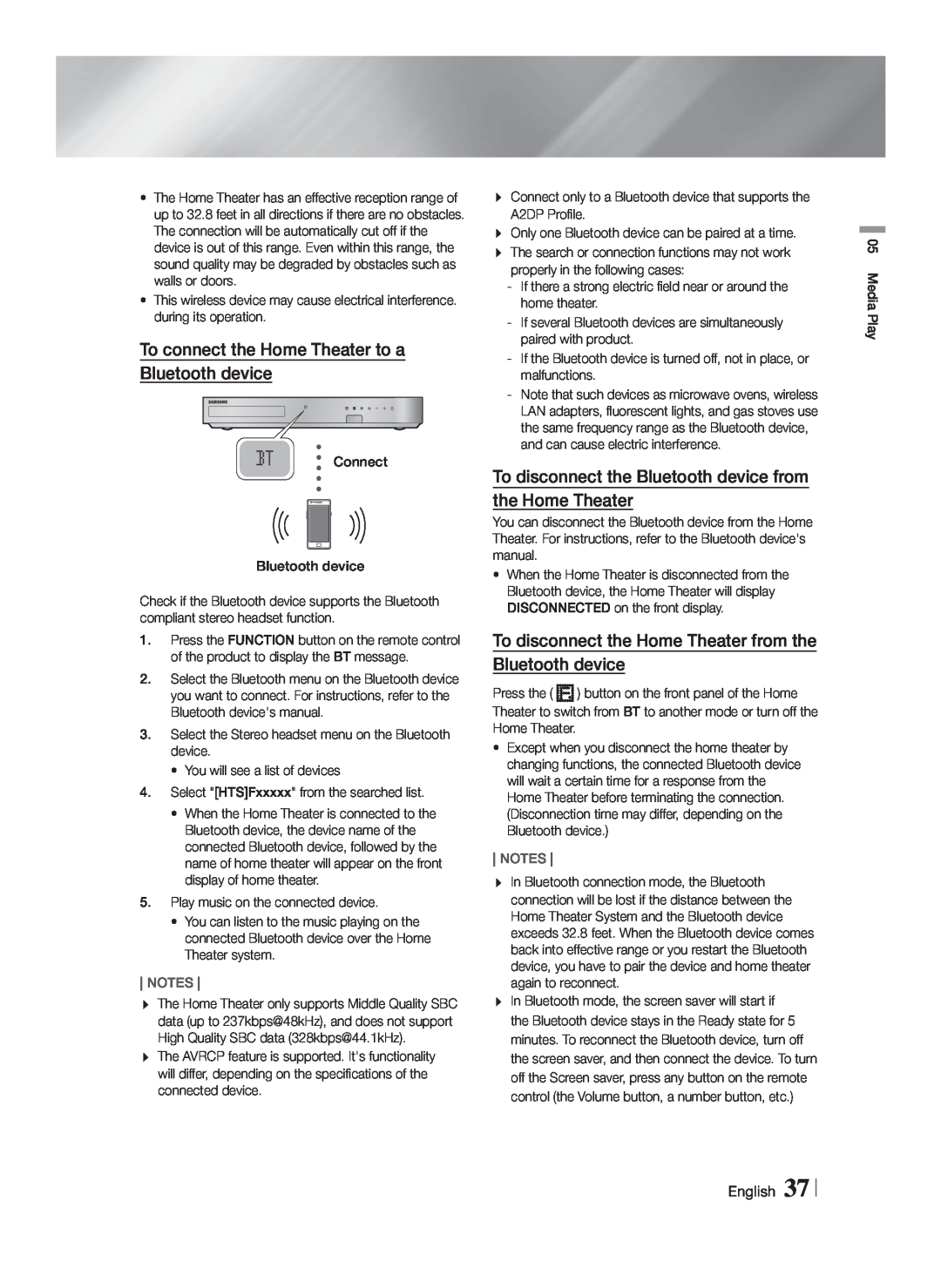 Samsung HTF5500WZA, HT-F5500W user manual To connect the Home Theater to a Bluetooth device 