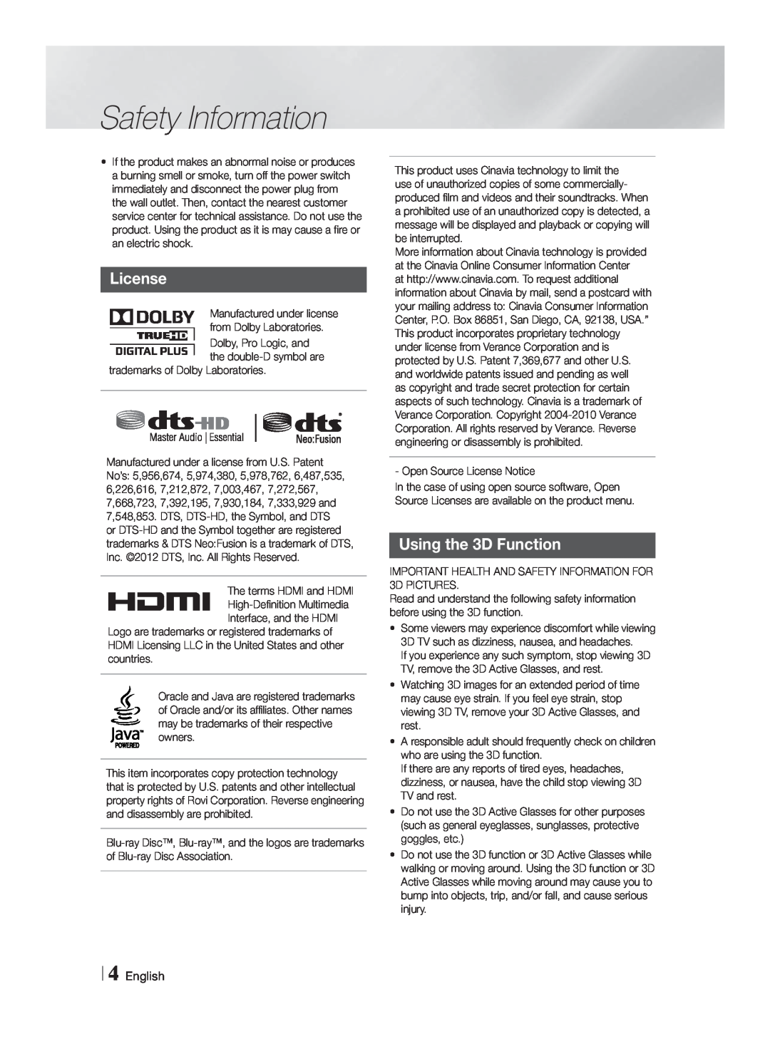 Samsung HT-F5500W, HTF5500WZA user manual License, Using the 3D Function, Safety Information, English 