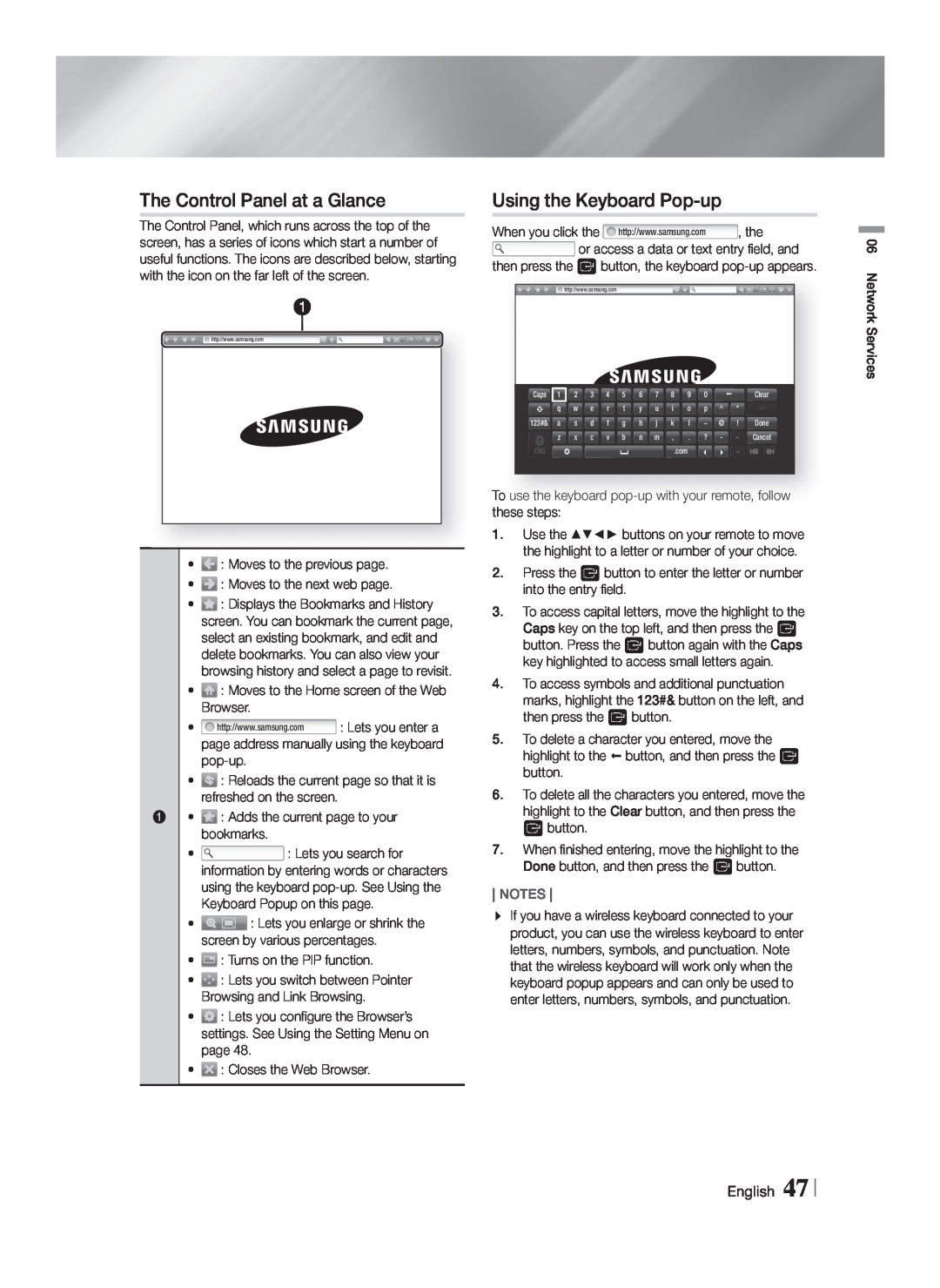 Samsung HTF5500WZA, HT-F5500W user manual The Control Panel at a Glance, Using the Keyboard Pop-up, English, Notes 