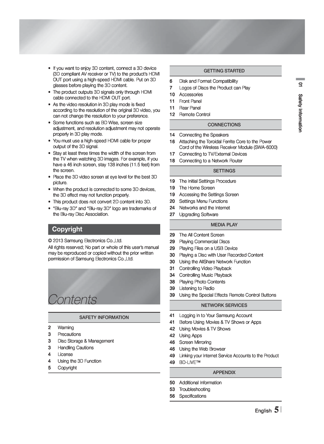 Samsung HTF5500WZA, HT-F5500W user manual Contents, Copyright, English 