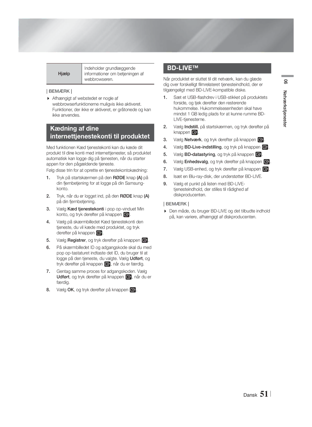 Samsung HT-F5500/XE, HT-F5550/XE, HT-F5530/XE manual Kædning af dine Internettjenestekonti til produktet 