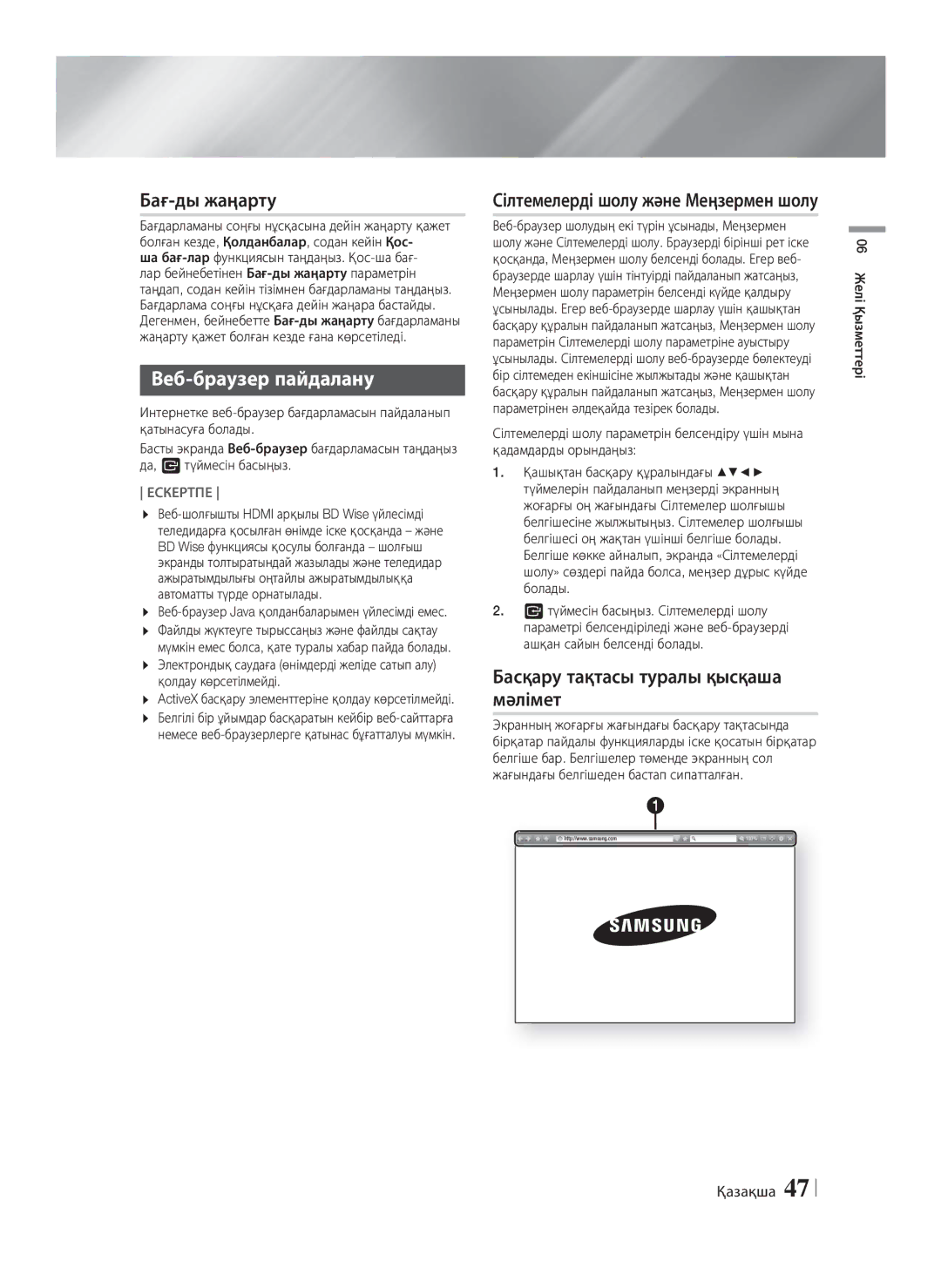 Samsung HT-F5530K/RU, HT-F5550K/RU manual Бағ-ды жаңарту, Веб-браузер пайдалану, Басқару тақтасы туралы қысқаша мәлімет 