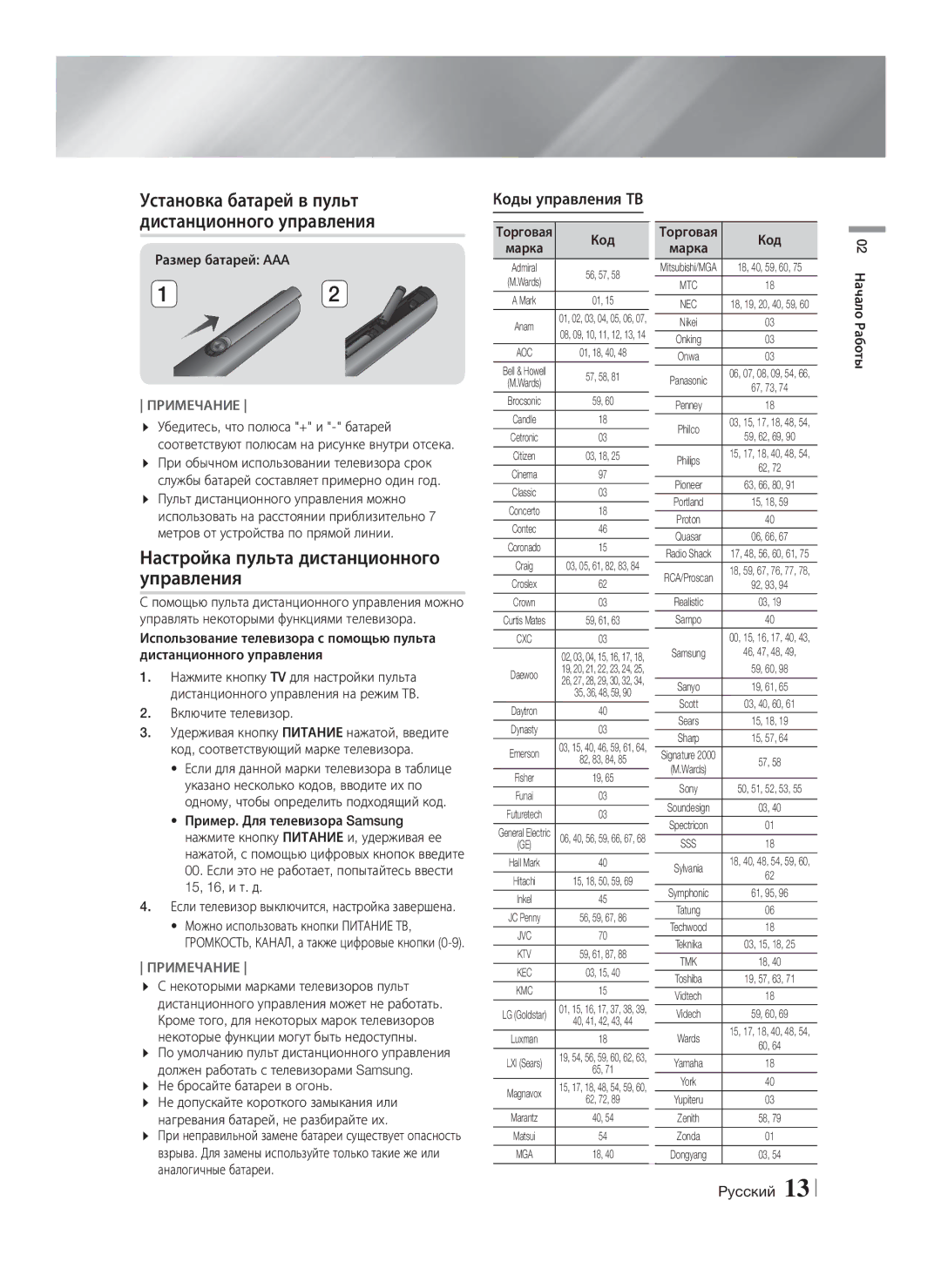 Samsung HT-F5550K/RU, HT-F5530K/RU manual Настройка пульта дистанционного управления, Коды управления ТВ 