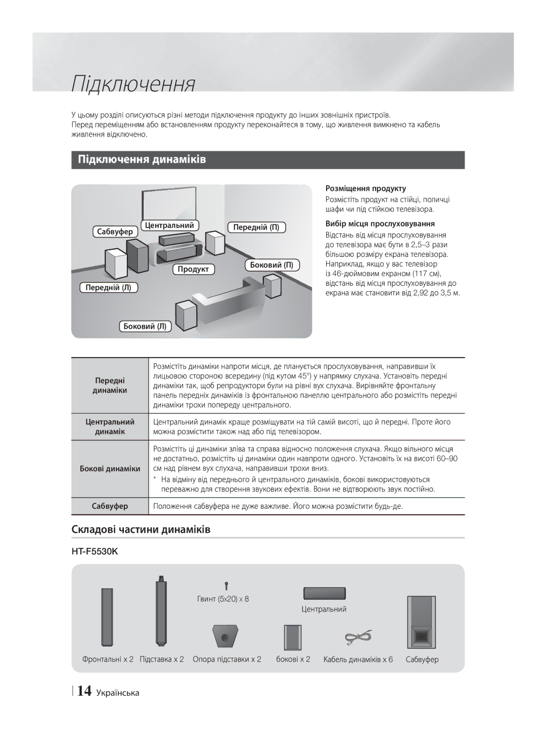 Samsung HT-F5530K/RU, HT-F5550K/RU manual Підключення динаміків, Складові частини динаміків, 14 Українська 