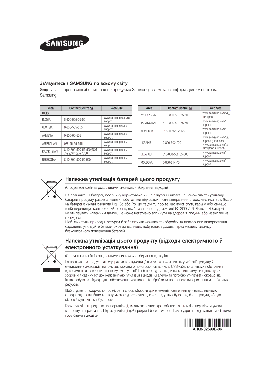 Samsung HT-F5550K/RU, HT-F5530K/RU manual Належна утилізація батарей цього продукту 