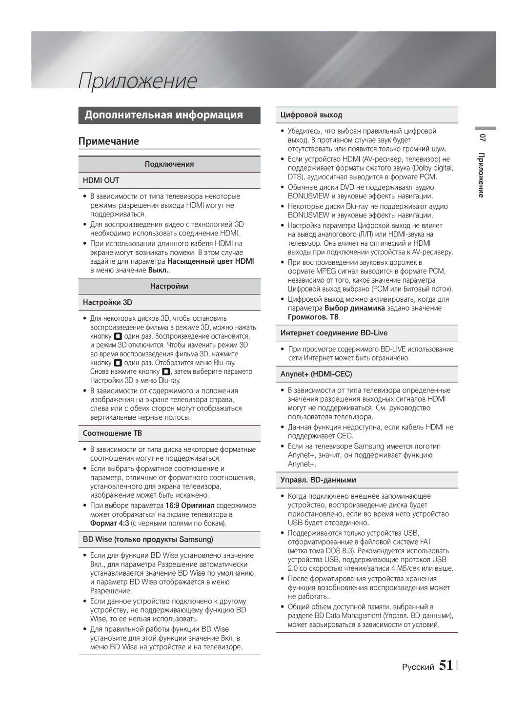 Samsung HT-F5550K/RU, HT-F5530K/RU manual Приложение, Дополнительная информация, Примечание, Hdmi OUT 