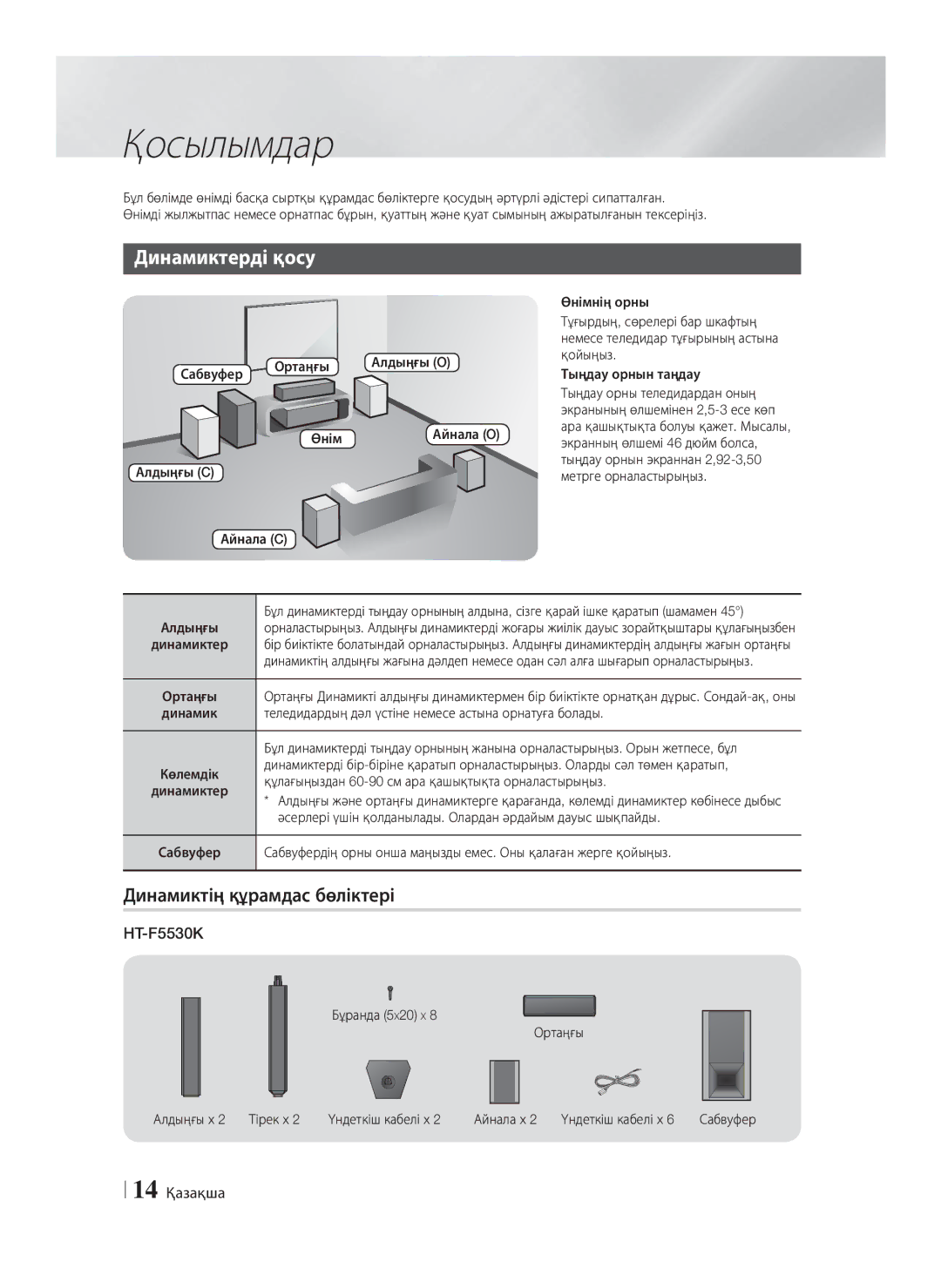 Samsung HT-F5550K/RU, HT-F5530K/RU manual Қосылымдар, Динамиктерді қосу, Динамиктің құрамдас бөліктері, 14 Қазақша 