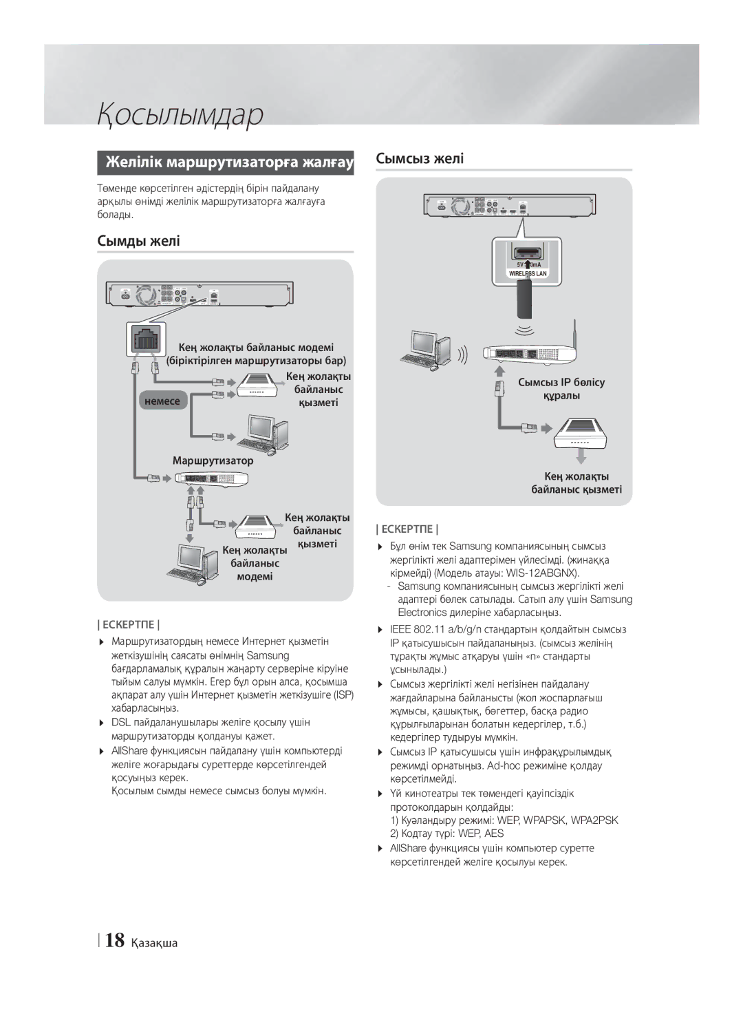 Samsung HT-F5550K/RU, HT-F5530K/RU manual Желілік маршрутизаторға жалғау Сымсыз желі, Сымды желі, 18 Қазақша 