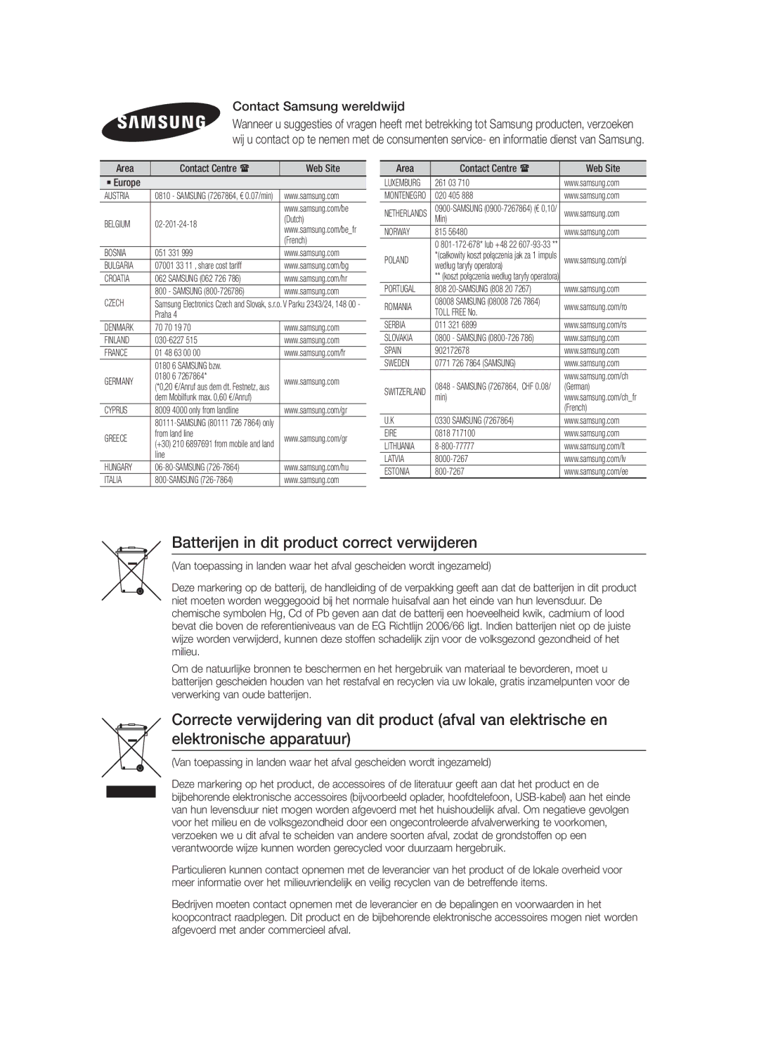 Samsung HT-F5530/TK, HT-F5500/EN, HT-F5530/XN Batterijen in dit product correct verwijderen, Contact Samsung wereldwijd 