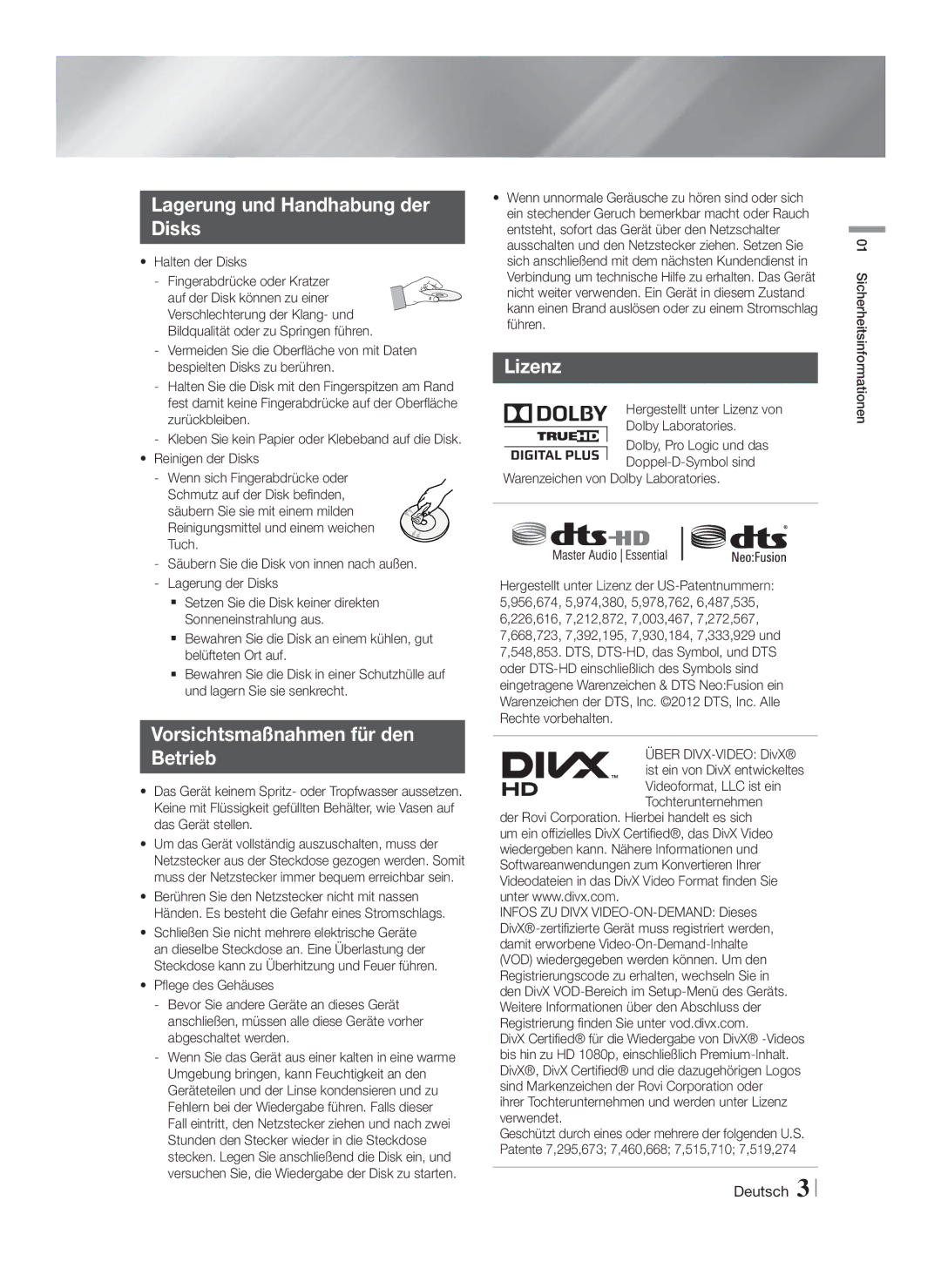 Samsung HT-F5500/XN, HT-F5530/TK, HT-F5500/EN Lagerung und Handhabung der Disks, Vorsichtsmaßnahmen für den Betrieb, Lizenz 