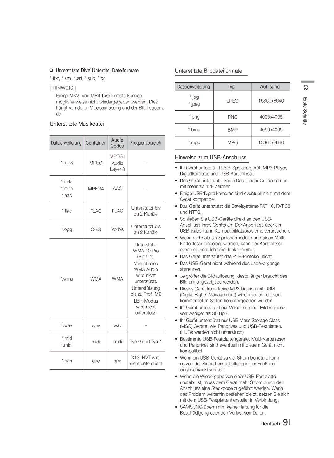 Samsung HT-F5530/ZF Unterstützte Musikdatei, Unterstützte Bilddateiformate, Hinweise zum USB-Anschluss, Container Audio 