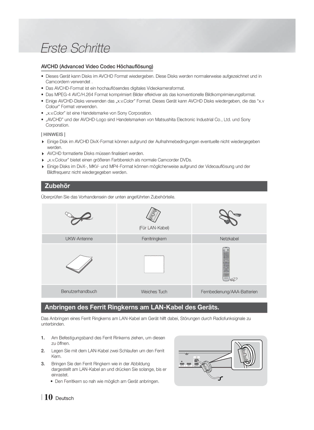 Samsung HT-F5530/TK, HT-F5500/EN, HT-F5530/XN, HT-F5500/XN Zubehör, Anbringen des Ferrit Ringkerns am LAN-Kabel des Geräts 