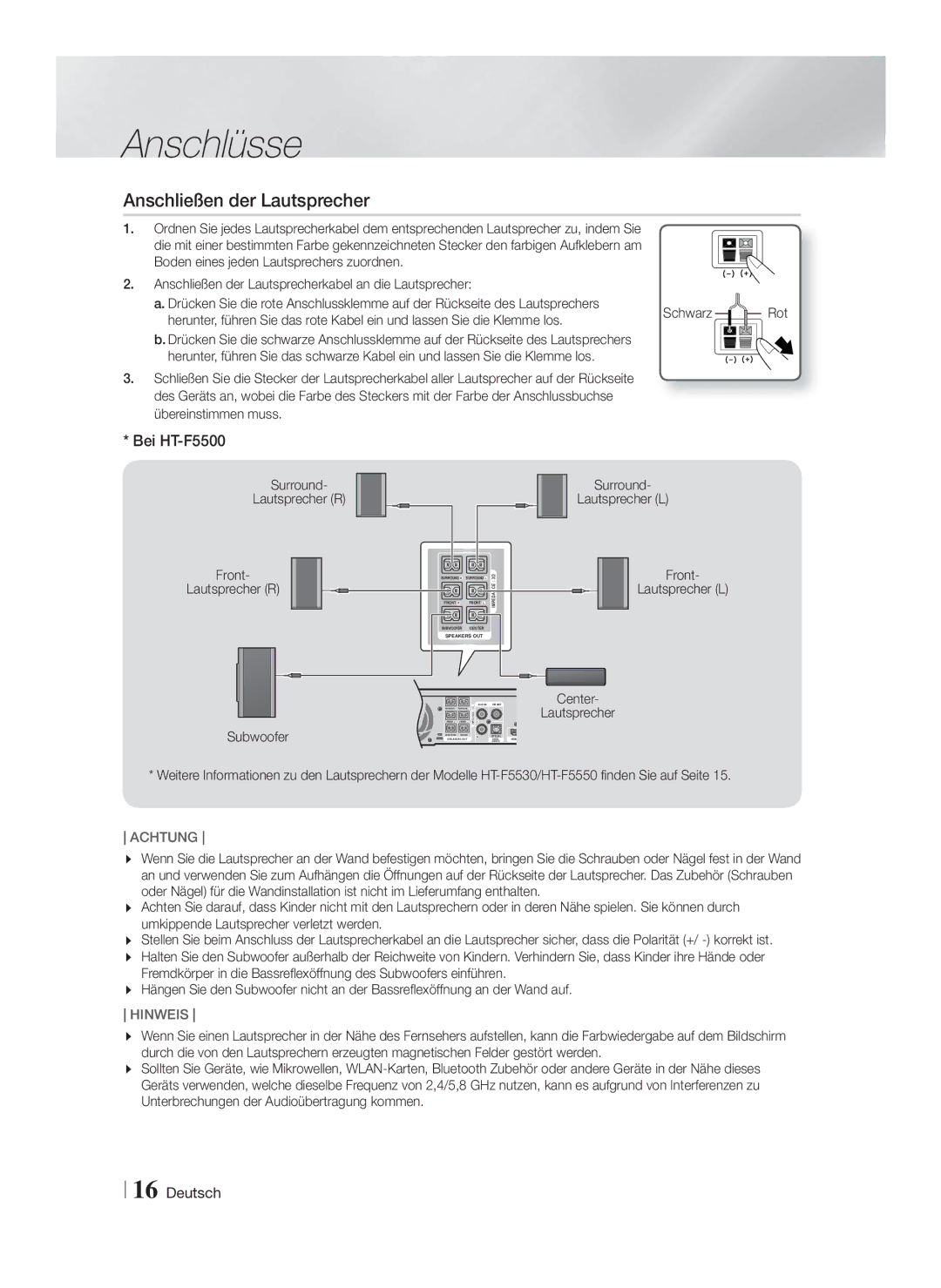 Samsung HT-F5550/EN, HT-F5530/TK manual Anschließen der Lautsprecher, Bei HT-F5500, Surround Lautsprecher R Front Subwoofer 