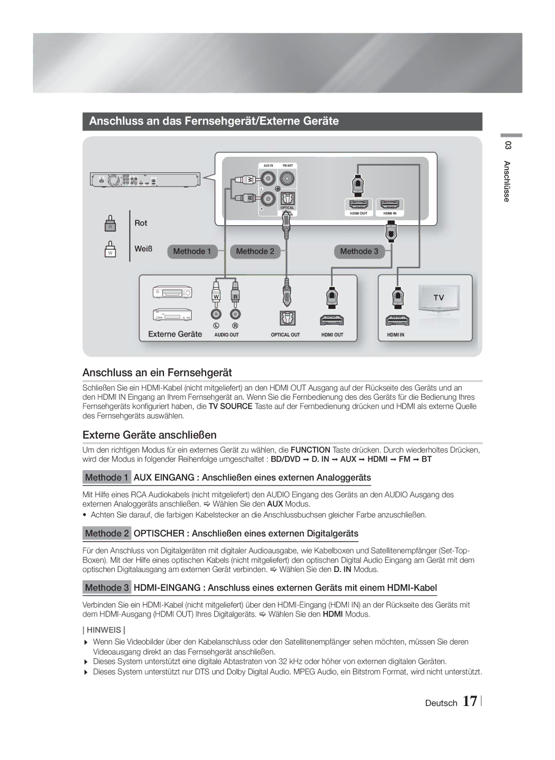 Samsung HT-F5550/ZF manual Anschluss an das Fernsehgerät/Externe Geräte, Anschluss an ein Fernsehgerät, Rot Weiß Methode 