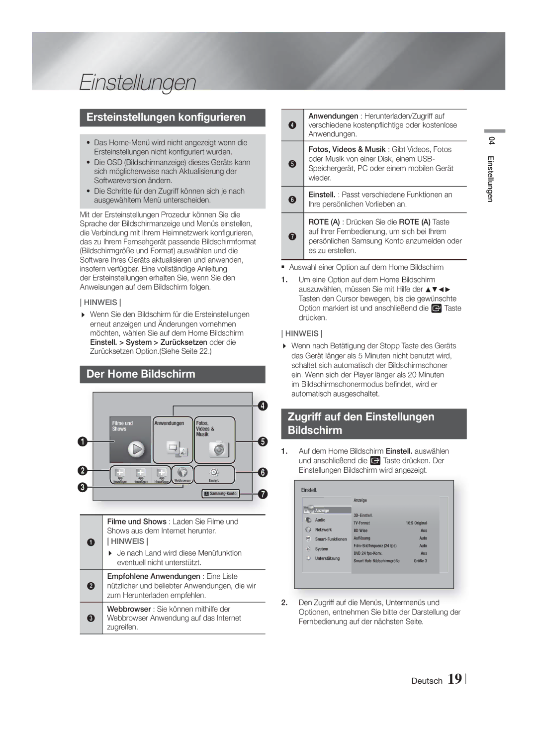 Samsung HT-F5530/ZF, HT-F5530/TK, HT-F5500/EN manual Einstellungen, Ersteinstellungen konfigurieren, Der Home Bildschirm 