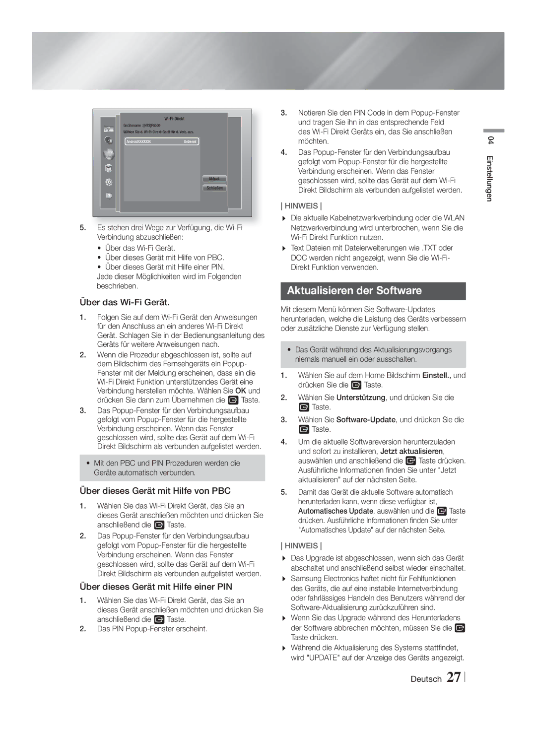 Samsung HT-F5550/ZF, HT-F5530/TK Aktualisieren der Software, Über das Wi-Fi Gerät, Über dieses Gerät mit Hilfe von PBC 