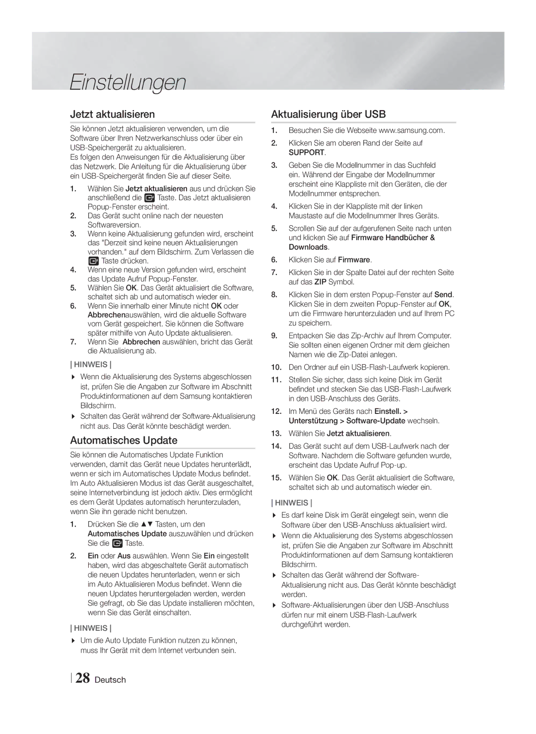 Samsung HT-F5500/ZF, HT-F5530/TK, HT-F5500/EN Jetzt aktualisieren, Automatisches Update, Aktualisierung über USB, Support 