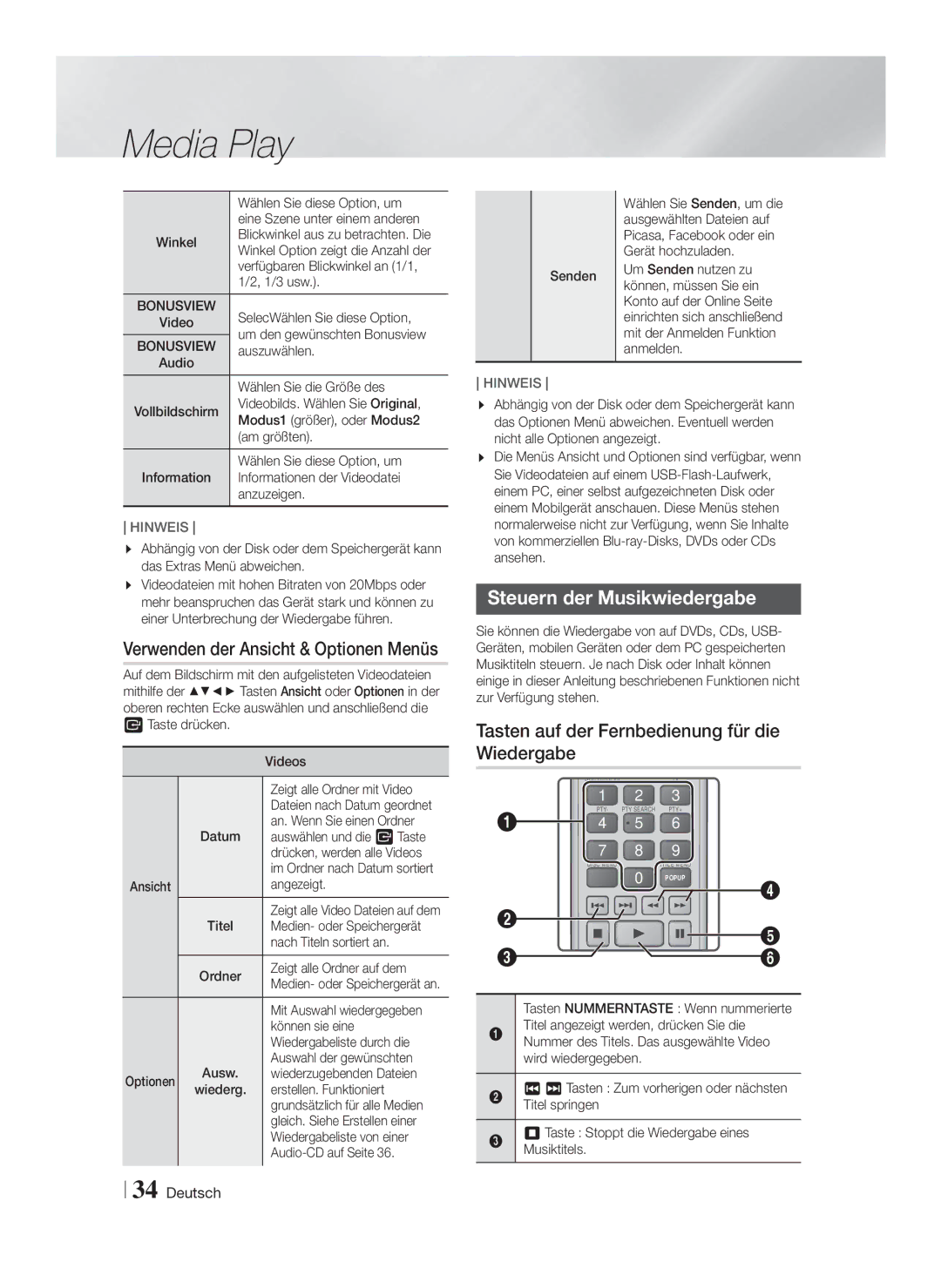 Samsung HT-F5530/EN, HT-F5530/TK, HT-F5500/EN Steuern der Musikwiedergabe, Tasten auf der Fernbedienung für die Wiedergabe 