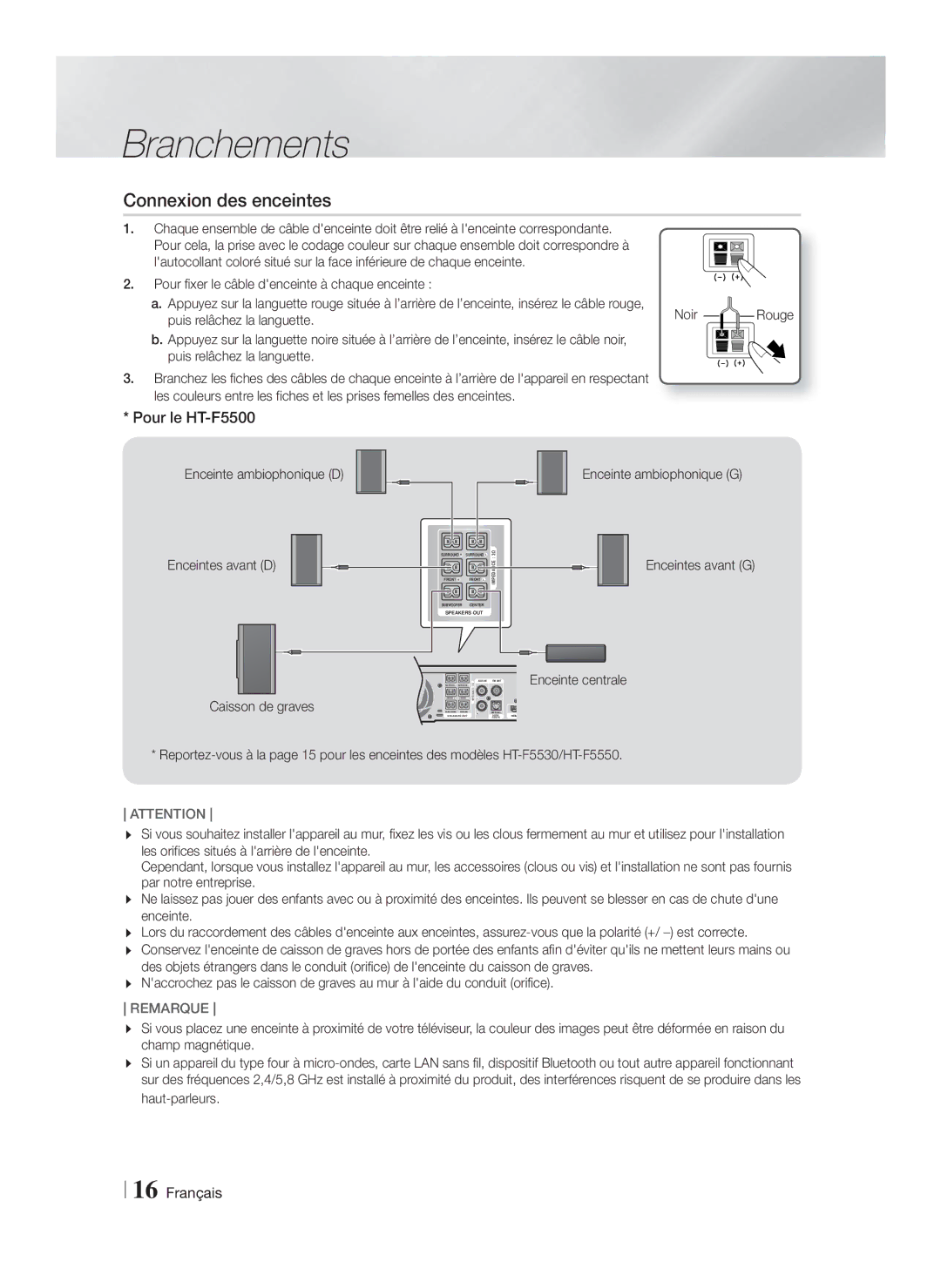 Samsung HT-F5550/EN, HT-F5530/TK, HT-F5500/EN, HT-F5530/XN, HT-F5500/XN, HT-F5530/EN Connexion des enceintes, Pour le HT-F5500 