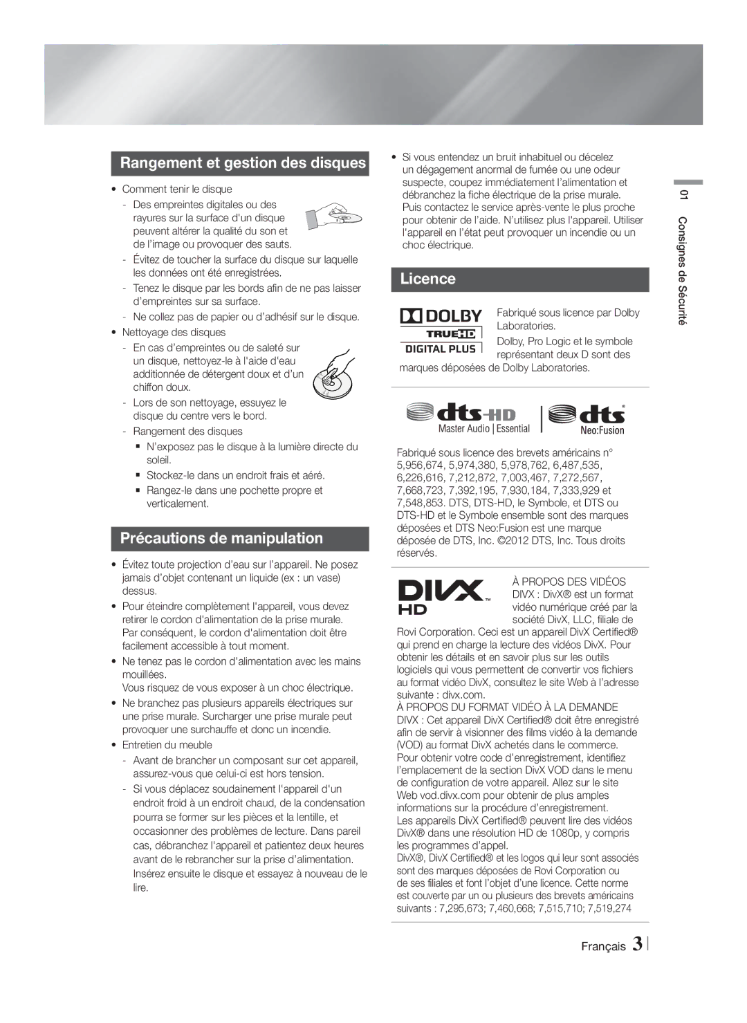 Samsung HT-F5500/XN, HT-F5530/TK, HT-F5500/EN manual Rangement et gestion des disques, Précautions de manipulation, Licence 