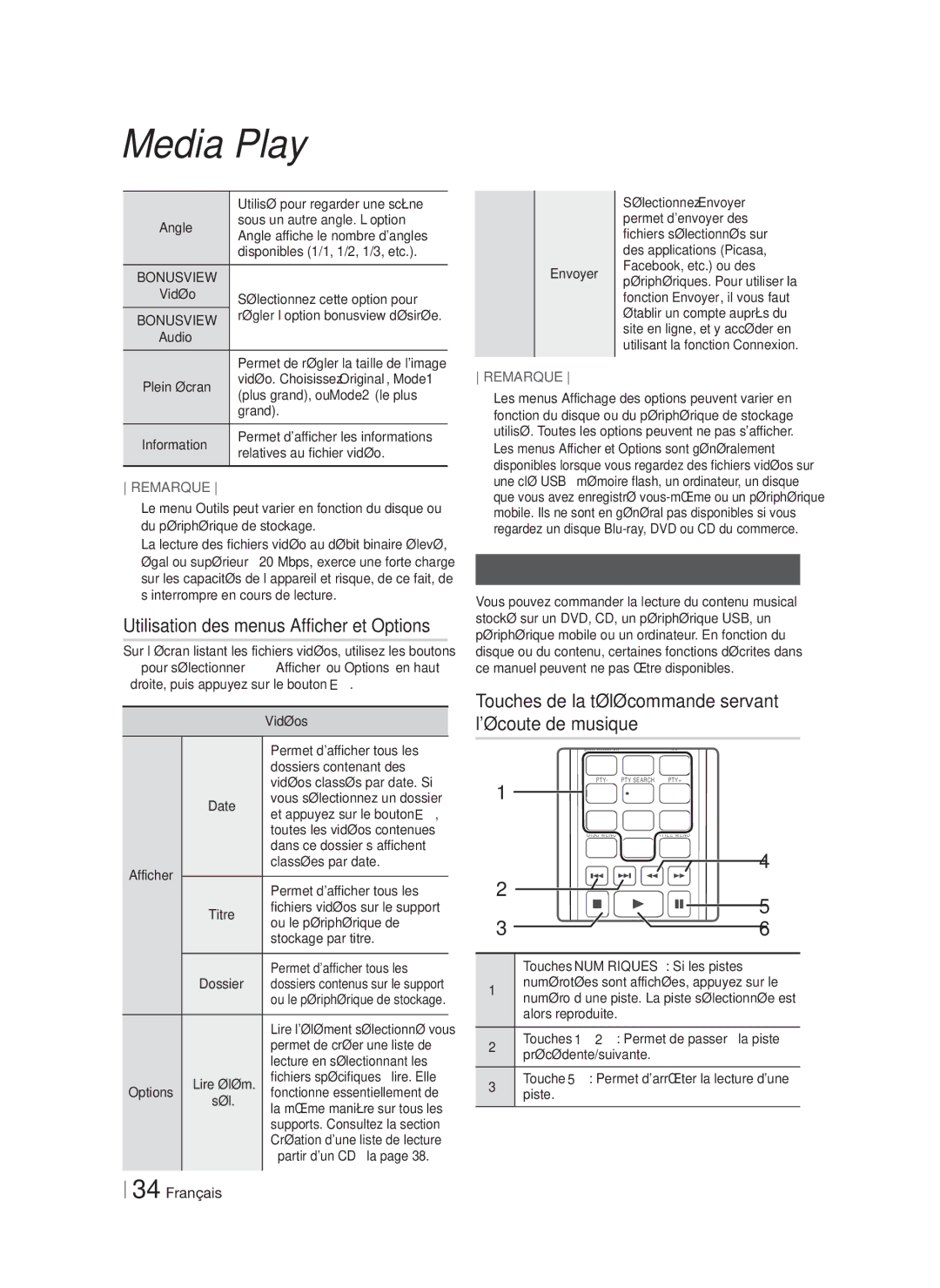 Samsung HT-F5530/EN, HT-F5530/TK, HT-F5500/EN Utilisation des menus Afficher et Options, Contrôle de la lecture de Musique 