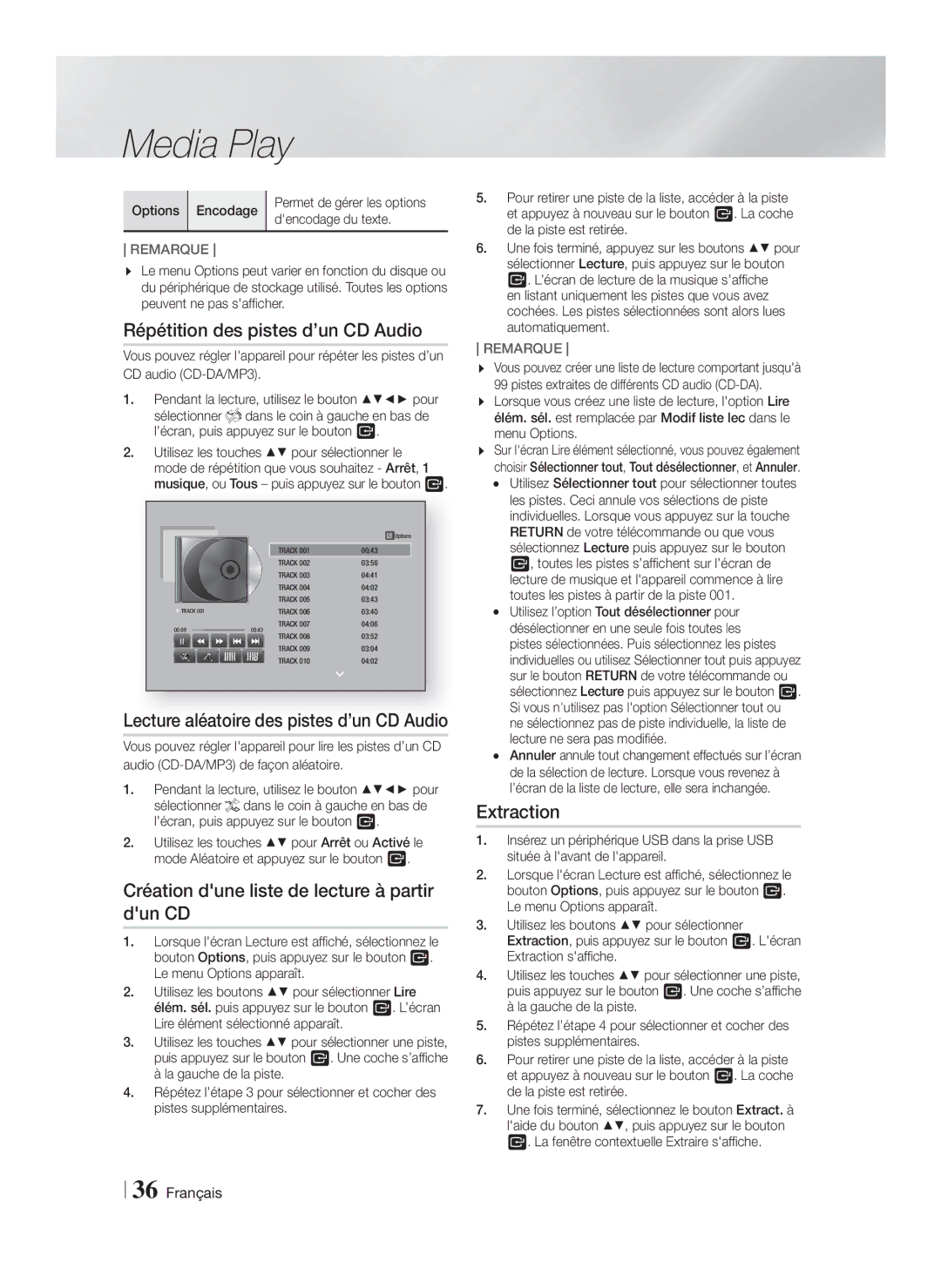 Samsung HT-F5550/EN manual Répétition des pistes d’un CD Audio, Création dune liste de lecture à partir dun CD, Extraction 