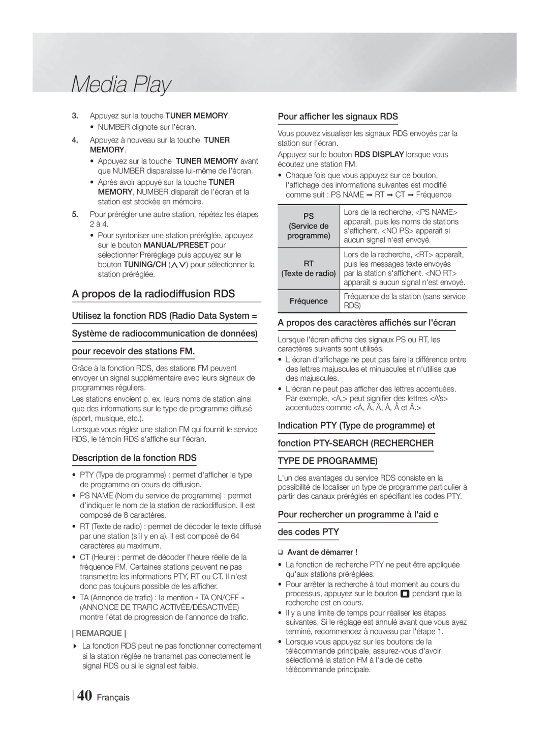 Samsung HT-F5530/TK manual Propos de la radiodiffusion RDS, Description de la fonction RDS, Pour afficher les signaux RDS 