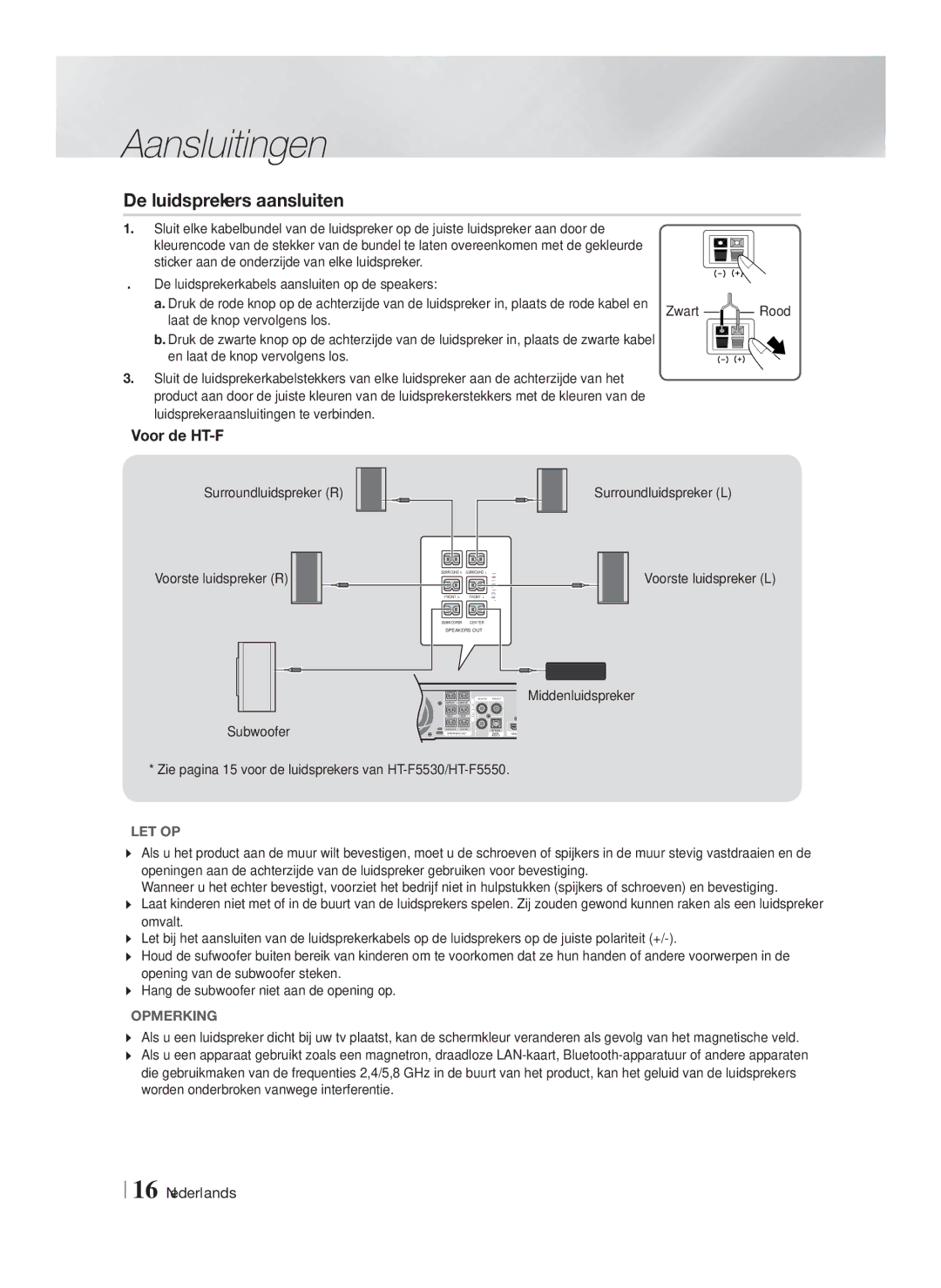 Samsung HT-F5550/EN, HT-F5530/TK manual De luidsprekers aansluiten, Voor de HT-F5500, Zwart, Laat de knop vervolgens los 