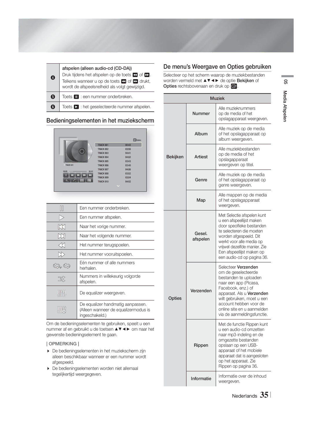 Samsung HT-F5550/TK, HT-F5530/TK manual De menu’s Weergave en Opties gebruiken, Bedieningselementen in het muziekscherm 