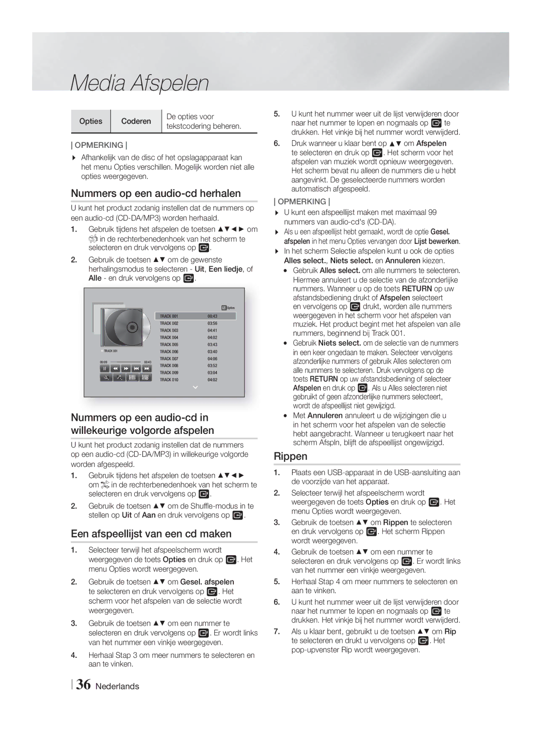 Samsung HT-F5550/EN Nummers op een audio-cd herhalen, Nummers op een audio-cd in willekeurige volgorde afspelen, Rippen 