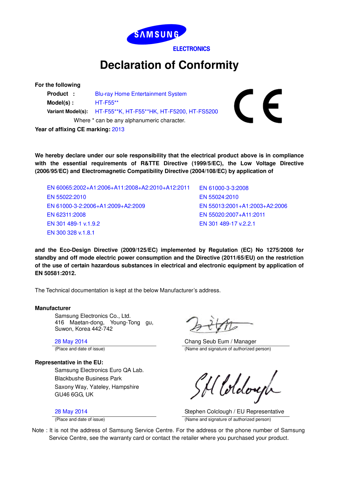 Samsung HT-FS5200/XN, HT-F5530/TK manual Declaration of Conformity, For the following, Models HT-F55, Manufacturer 