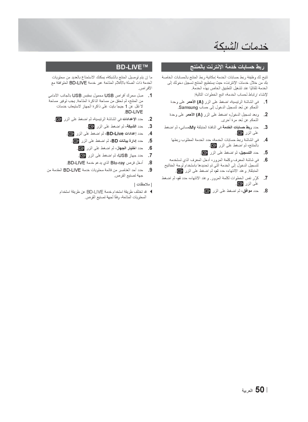 Samsung HT-F5550K/SJ manual ﺞﺗﻧﻣﻟﺎﺑ ﺕﻧﺭﺗﻧﻹﺍ ﺔﻣﺩﺧ ﺕﺎﺑﺎﺳﺣ ﻁﺑﺭ, ﺹﺭﻘﻟﺍ ﻊﻳﻧﺻﺗ ﺔﻬﺟ 