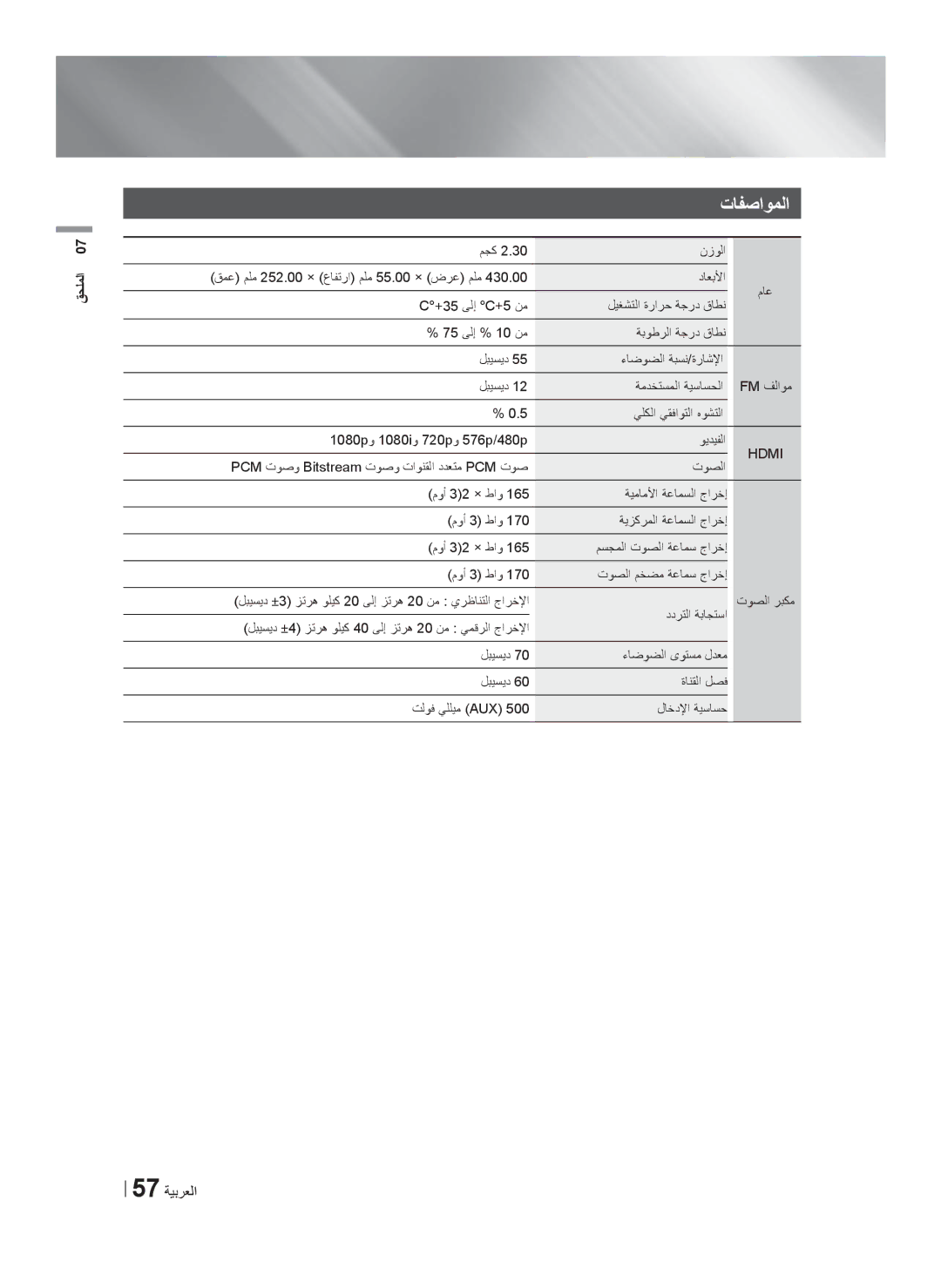 Samsung HT-F5550K/SJ manual ﺕﺎﻔﺻﺍﻭﻣﻟﺍ, 57 ﺔﻳﺑﺭﻌﻟﺍ, Hdmi 