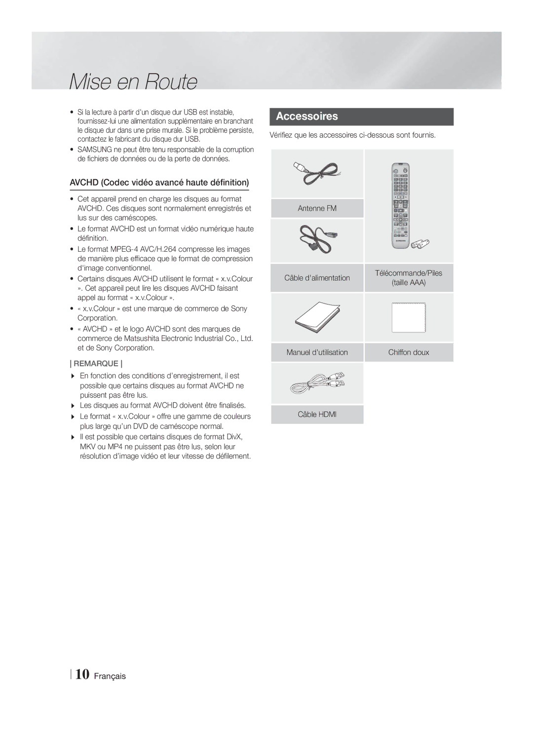 Samsung HT-F5550K/SJ manual Accessoires, Avchd Codec vidéo avancé haute définition 