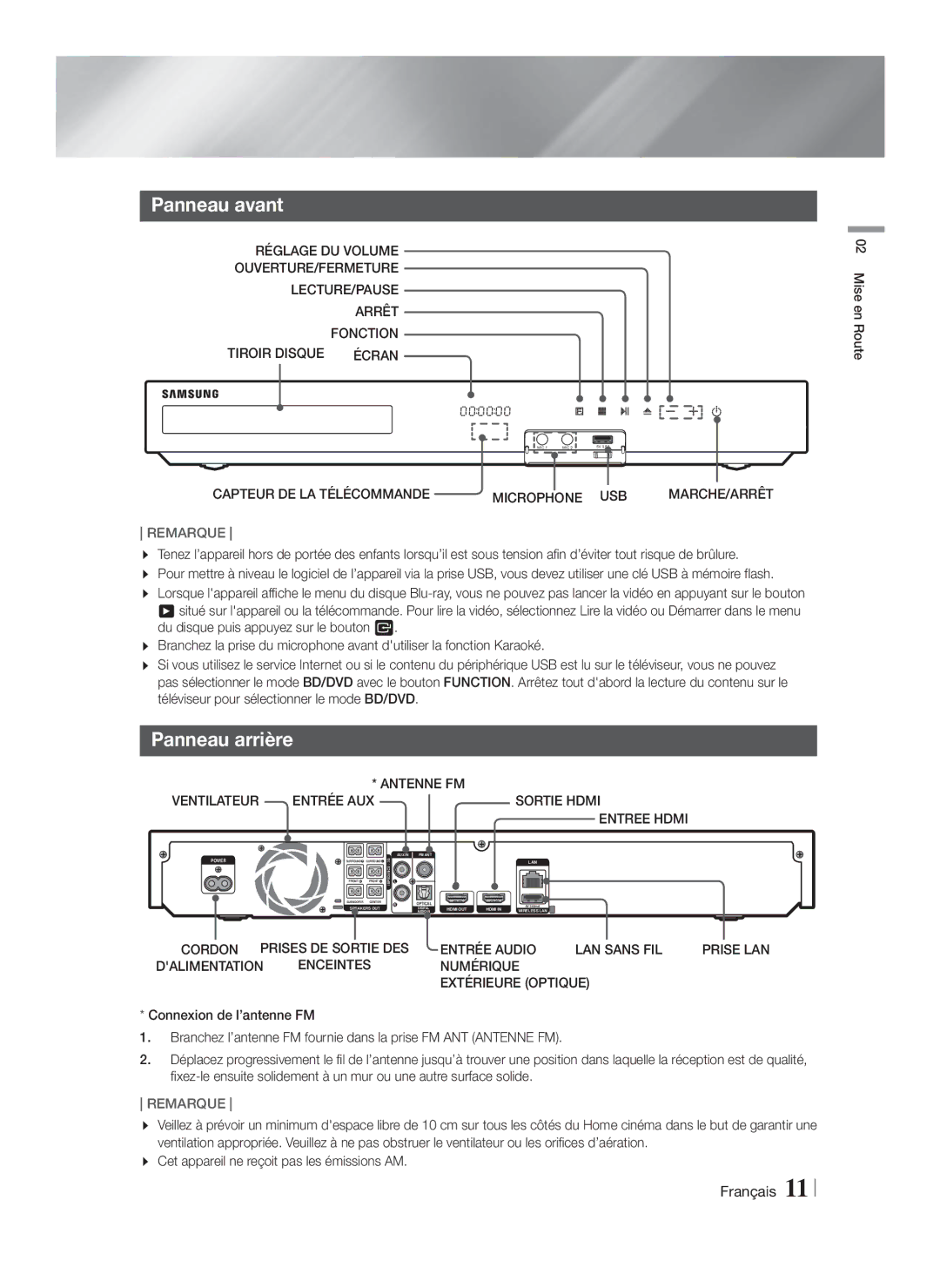 Samsung HT-F5550K/SJ manual Panneau avant, Panneau arrière 