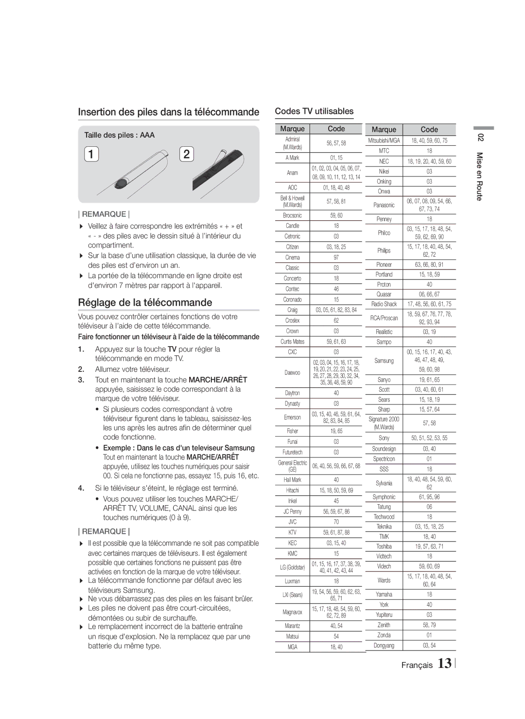 Samsung HT-F5550K/SJ manual Réglage de la télécommande, Codes TV utilisables, Taille des piles AAA, Marque Code 