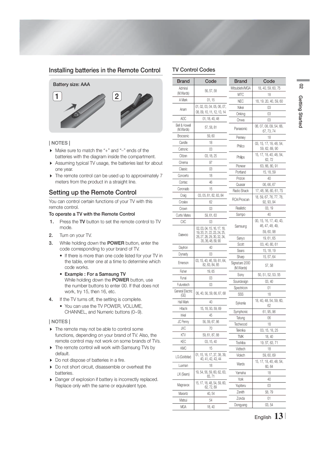 Samsung HT-F5550K/SJ manual Installing batteries in the Remote Control, Setting up the Remote Control, TV Control Codes 