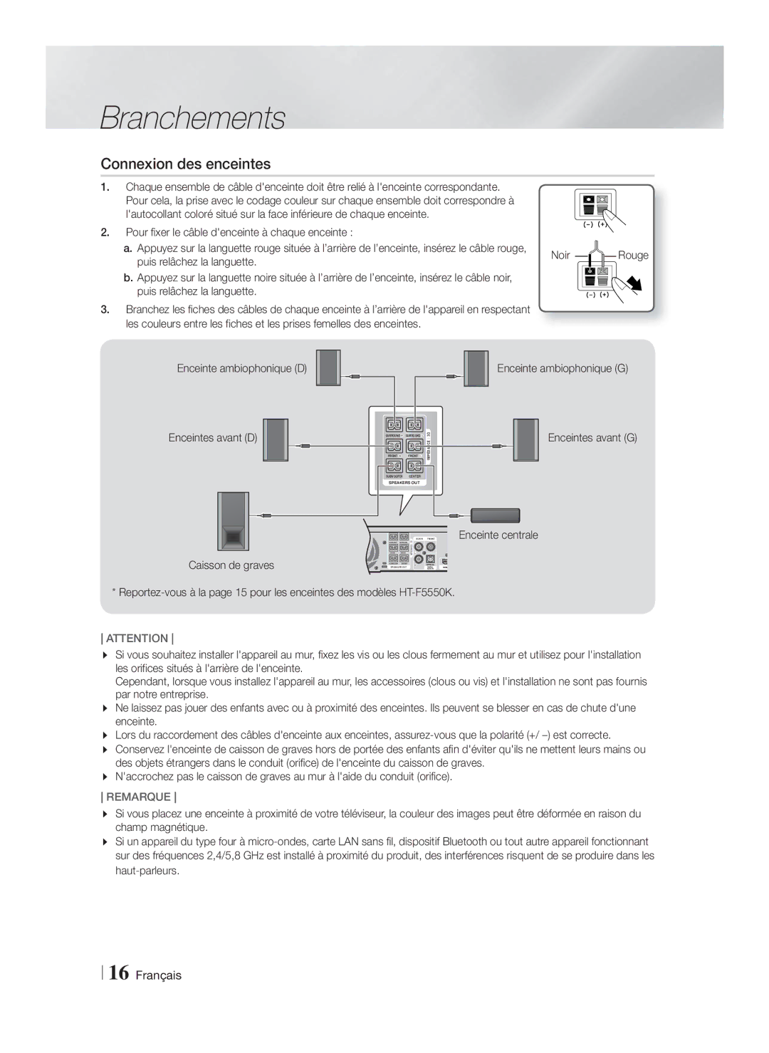 Samsung HT-F5550K/SJ manual Connexion des enceintes, Noir, Puis relâchez la languette 