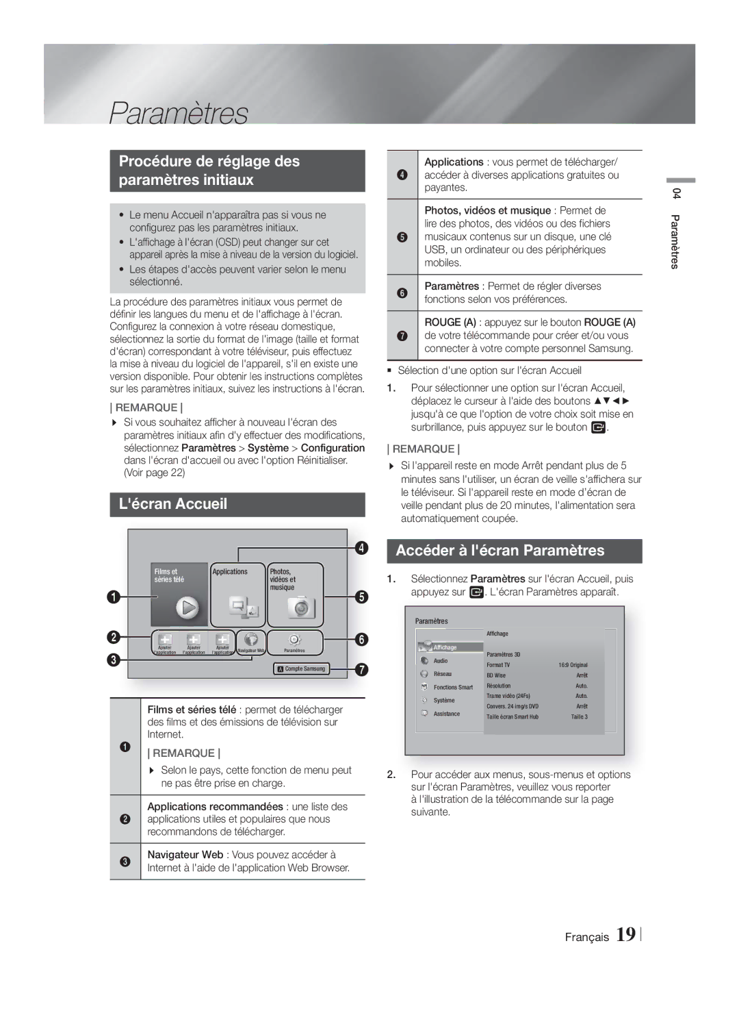 Samsung HT-F5550K/SJ manual Procédure de réglage des Paramètres initiaux, Lécran Accueil, Accéder à lécran Paramètres 