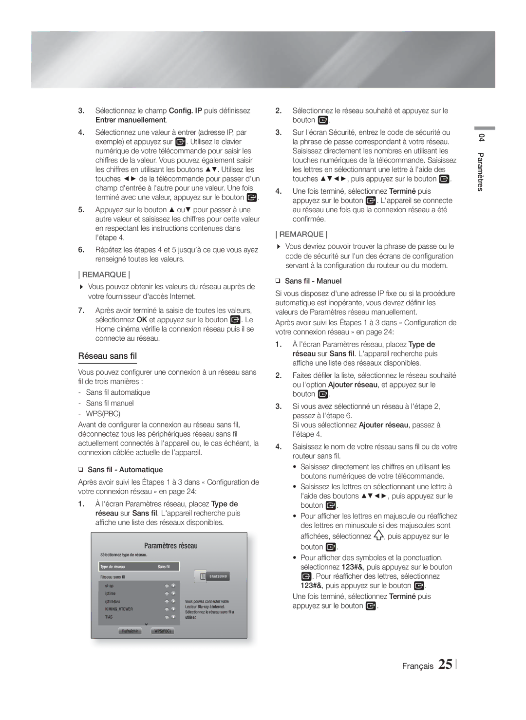 Samsung HT-F5550K/SJ manual Réseau sans fil, Sélectionnez le réseau souhaité et appuyez sur le bouton E 