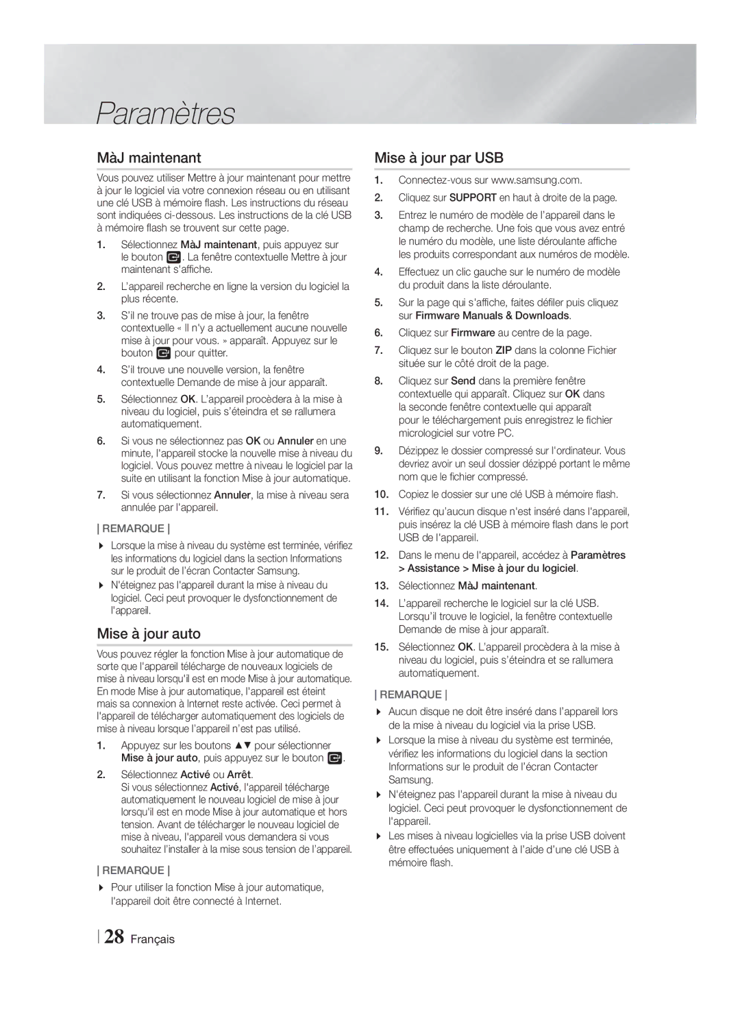 Samsung HT-F5550K/SJ manual MàJ maintenant, Mise à jour auto, Mise à jour par USB 