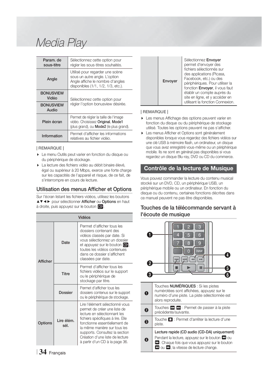 Samsung HT-F5550K/SJ manual Utilisation des menus Afficher et Options, Contrôle de la lecture de Musique 