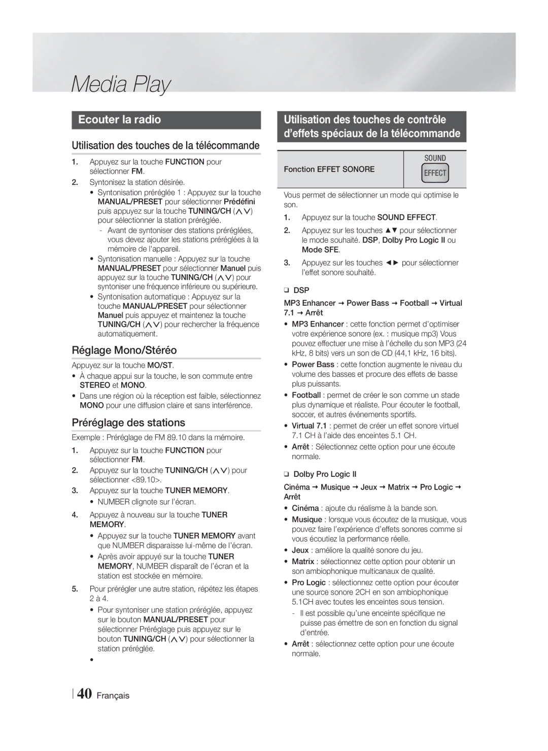 Samsung HT-F5550K/SJ manual Ecouter la radio, Réglage Mono/Stéréo, Préréglage des stations, Fonction Effet Sonore 